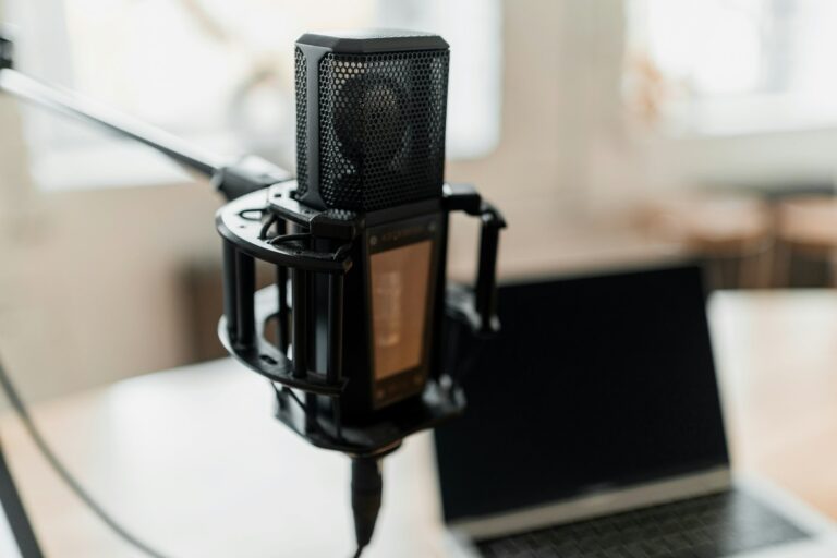 microphone in studio recording news on radio